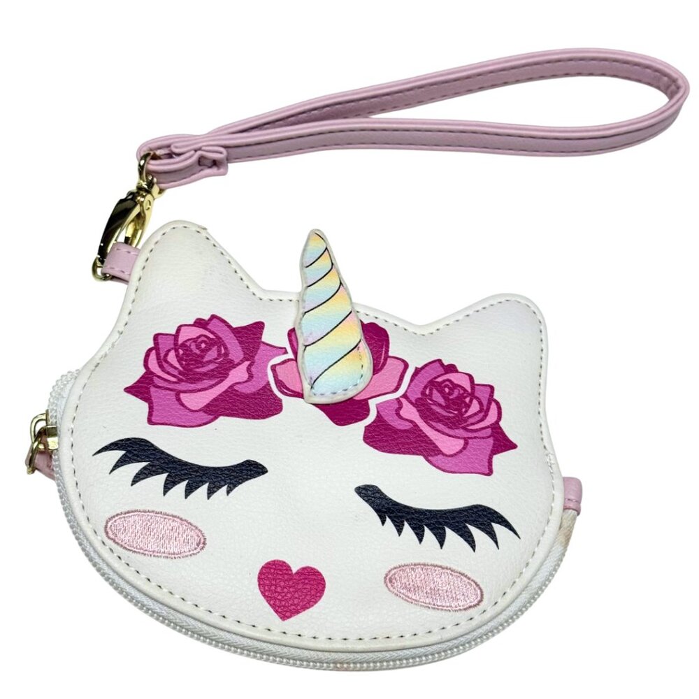 LUV Betsey Johnson Unicorn Cat Wristlet Purse White Pink Roses Gently Used